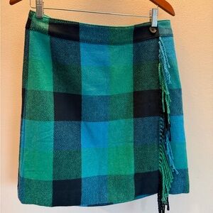 Talbots Petite Blue Green Buffalo Plaid Fringe Wool Blend Wrap Skirt Womens 10P